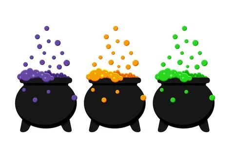 Magic cauldron with witch potion Halloween black pot. Stock Illustration