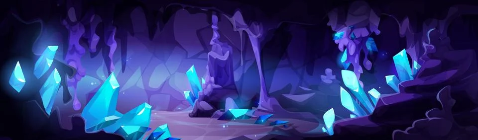 Magic cave interior with glowing blue crystals Stock Illustration