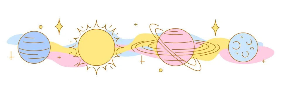 Magic celestial bodies, sun and stars. Line art style. Stock Illustration