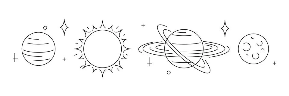 Magic celestial bodies, sun and stars. Line art style. Stock Illustration