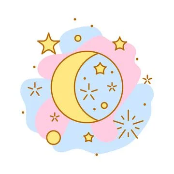 Magic celestial body moon and stars. Line art style. Stock Illustration