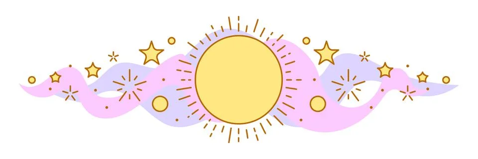 Magic celestial body sun and stars. Line art style. Stock Illustration