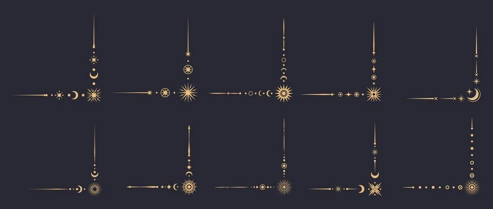 Magic celestial border corners, vector elegant set Illustrazione stock