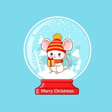 Magic christmas ball with mouse inside on a blue background. Vector illustrat Illustrazione stock