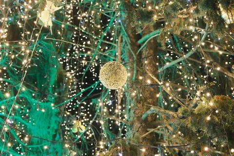 Magic Christmas Tree Night Lights with Golden Filigree Bauble Stock Photos
