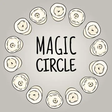 Magic circle boho candles doodles in a wreath composition. Vector wiccan magi Stock Illustration
