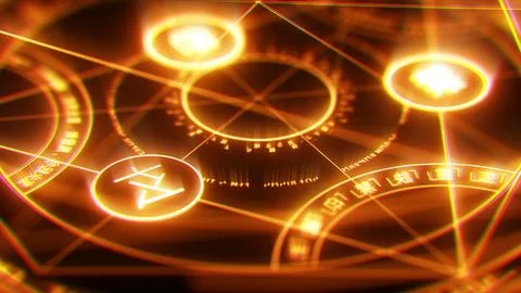 Magic circle of change and ancient language on black background 스톡 일러스트