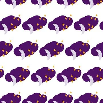 Magic Cloud with moon and decorative stars Seamless pattern in trendy monochrome Stock Illustration