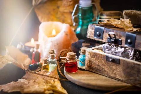Magic concept. Potions in bottle Stock Photos