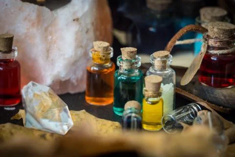Magic concept. Potions in bottle Stock Photos