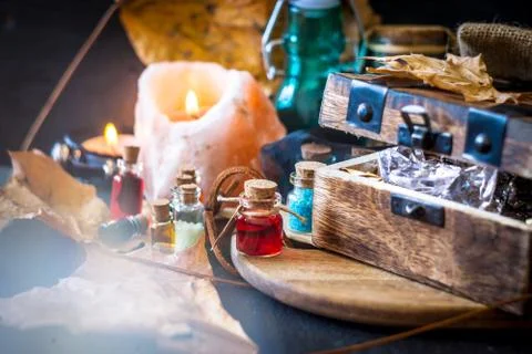 Magic concept. Potions in bottle Stock Photos