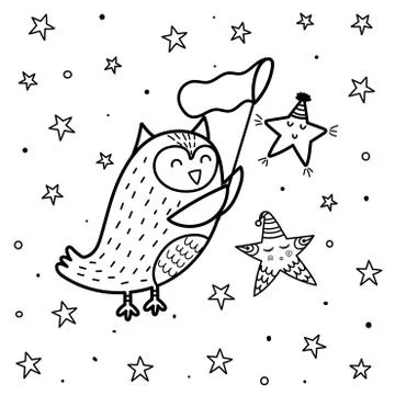 Magic cooling page with a cute owl catching a star. Black and white fantasy Stock Illustration
