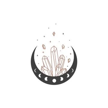 Magic crescent moon and crystal shining in trendy boho style. Alchemy logo and Stock Illustration