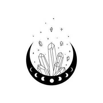 Magic crescent moon and shining crystal in trendy boho style. Alchemy logo and Stock Illustration