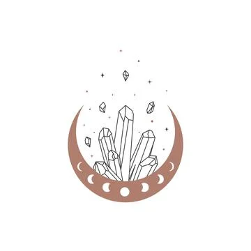 Magic crescent moon and shining crystal in trendy boho style. Alchemy logo and Stock Illustration
