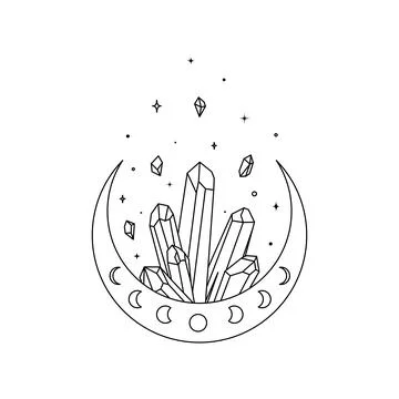 Magic crescent moon with healing crystal in trendy boho line style. Outline Stock Illustration