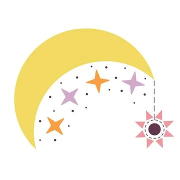 Magic crescent with sun amulet and stars. Esoteric mystic symbol. Cartoon f.. Stock Illustration