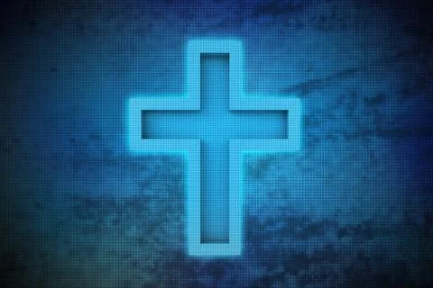 Magic cross on blue shiny pixel grid screen modern technology illustration Stock Illustration