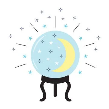 Magic crystal ball with crescent moon and stars. Prediction of the future, .. Stock Illustration