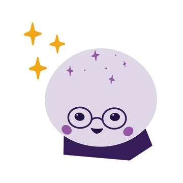 Magic crystal ball. Cute character in glasses with stars. Design element for Stock Illustration