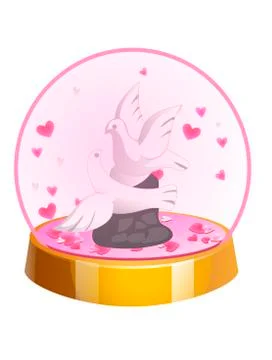 Magic crystal ball with two doves and small pink hearts inside. Vector Stock Illustration