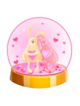 Magic crystal ball with two rabbits and small pink hearts inside. Vector  Stock Illustration