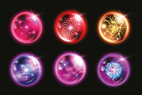 Magic crystal ball vector set, glass energy purple globe 3D neon light circle Stock Illustration