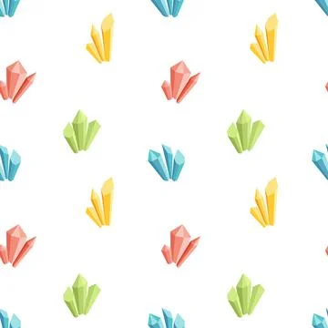 Magic crystals. Crystal seamless pattern. Cartoon, flat, vector Stock Illustration