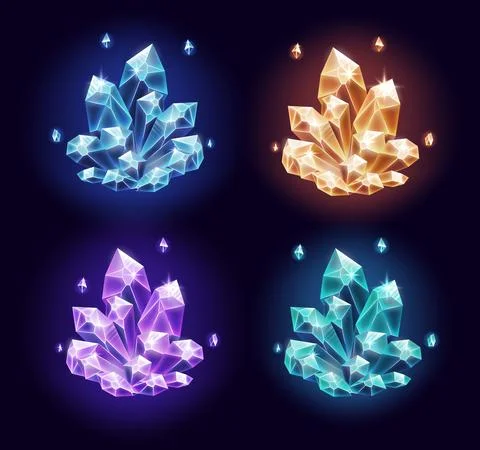 Magic crystals resources set on dark background. Vector illustration. Illustrazione stock