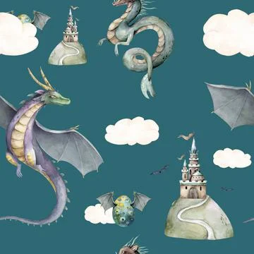 Magic cute baby seamless pattern with fairy green dragon catsle elements and  Stock Illustration