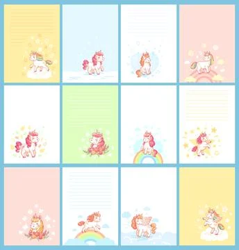 Magic cute unicorn cartoon template for birthday calendar, girl journal car.. Stock Illustration