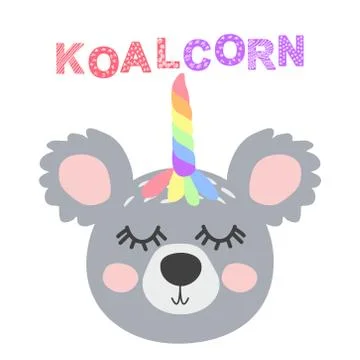 Magic Cute Unicorn Koala Bear with Rainbow Horn. Kawaii Animal t-shirt Print, 스톡 일러스트