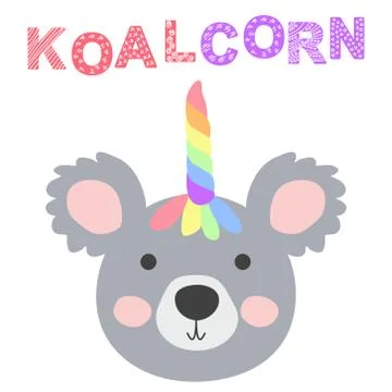 Magic Cute Unicorn Koala Bear with Rainbow Horn. Kawaii Animal t-shirt Print, Stock Illustration