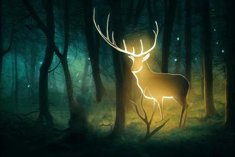 Magic deer in night forest, mystical stag with glowing body, soul of nature. Stock Illustration