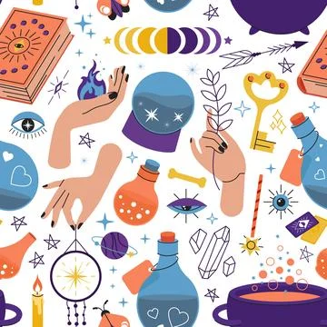 Magic elements seamless pattern. Alchemy witchcraft sign, mystical witch crystal Stock Illustration