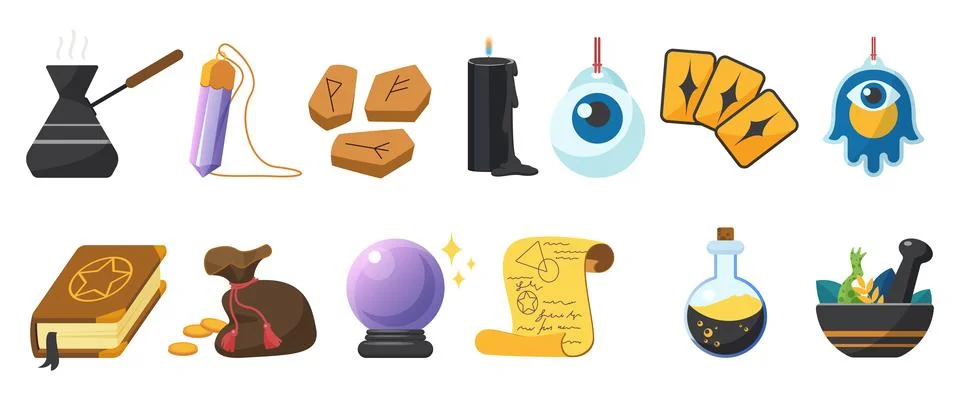 Magic elements set, sorcerers or witchs potion, crystal ball and runes to Illustrazione stock