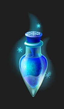 Magic elixir. Cartoon frost potion. Closed phial full of blue cold liquid with Stock Illustration