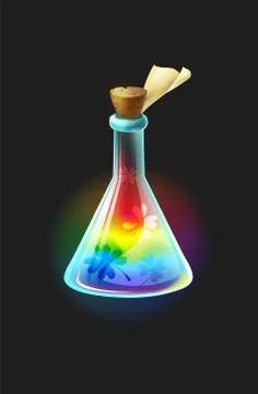 Magic elixir. Flask with tag, rainbow liquid with quatrefoil, luck potion Stock Illustration