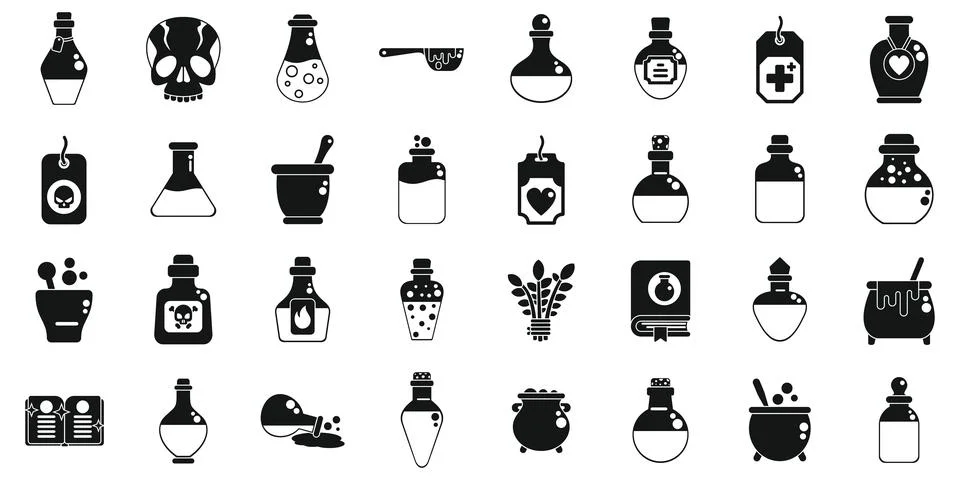 Magic elixir icons set. Alchemist preparing potions, flasks, beakers, bottles Stock Illustration
