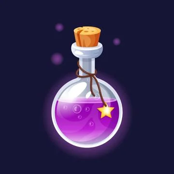 Magic Elixir. Potion bottle with purple liquid isolated on black background Stock Illustration