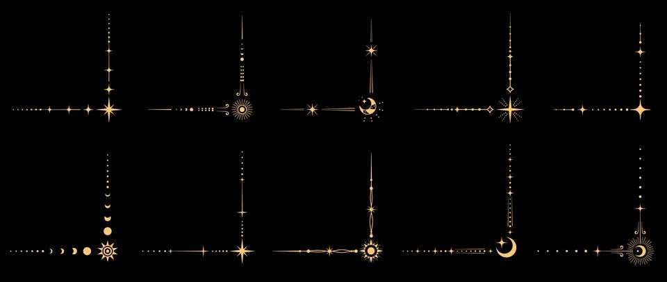 Magic esoteric celestial boho corners vector set Stock Illustration