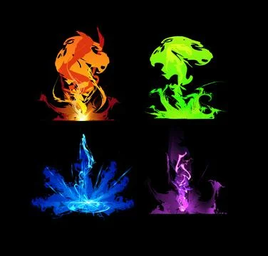 Magic explosion, bomb boom flash game effect vector set, varicoloured fire blast Stock Illustration