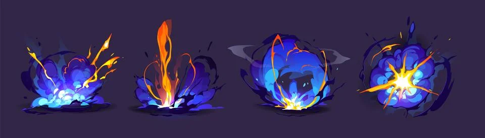 Magic explosions, flash with fire and blue smoke Stock Illustration