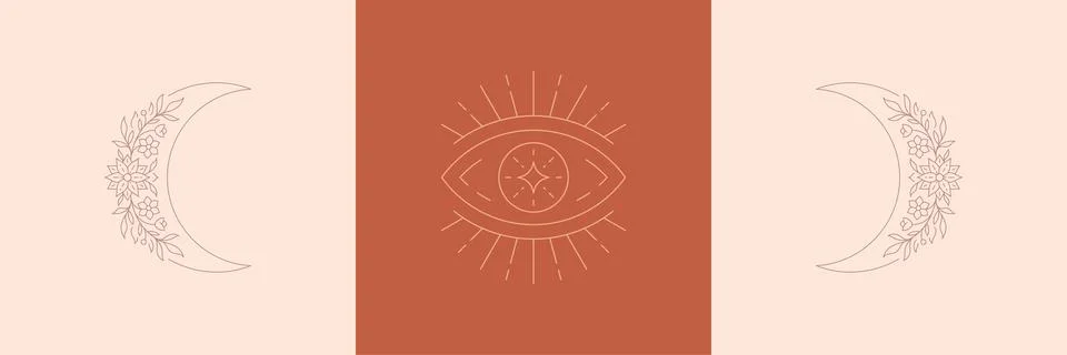 Magic eye and moon crescent with flowers in boho linear style vector illust.. Stock Illustration