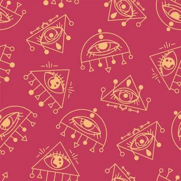 Magic eyes pattern. Seamless print with esoteric and magic eye symbols. Vecto Illustrazione stock