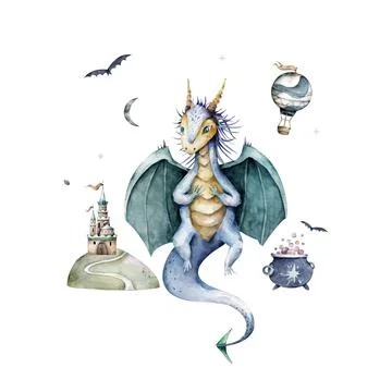 Magic fairy green dragon elements and characters. Hand drawn watercolor carto Stock Illustration