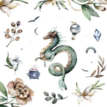 Magic fairy green dragon elements and characters. Hand drawn watercolor carto Stock Illustration
