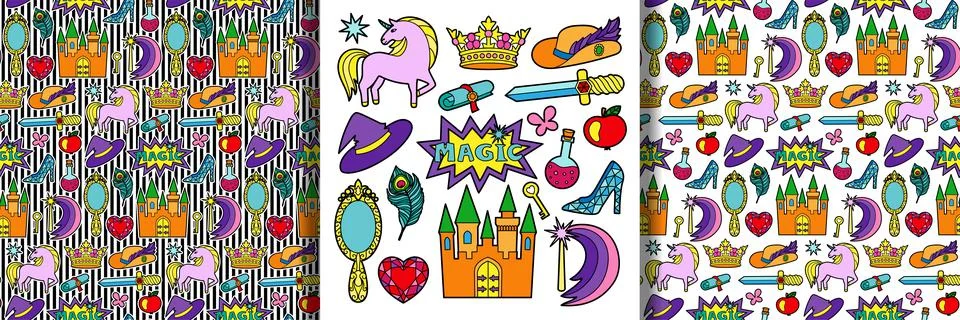 Magic fairy tale patch set and seamless patterns Stock Illustration