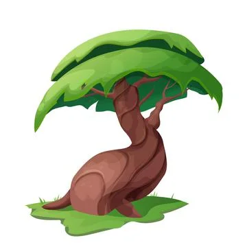 Magic fairy tree, with big trunk, roots and foliage in cartoon style isolated on Stock Illustration