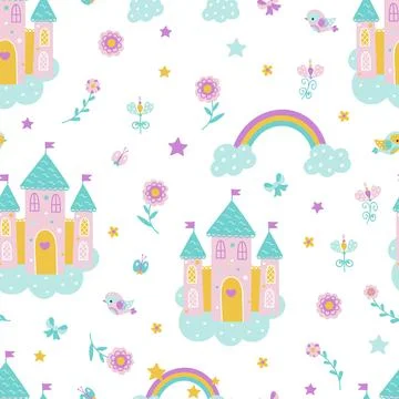 Magic fairytale castle seamless pattern. Cute girl princess fashion print with Illustrazione stock